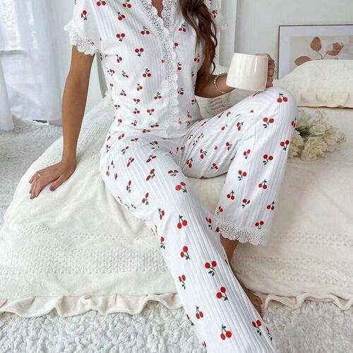 Women's Pajamas Set Cotton-Like Ribbed Fabric Heart Print