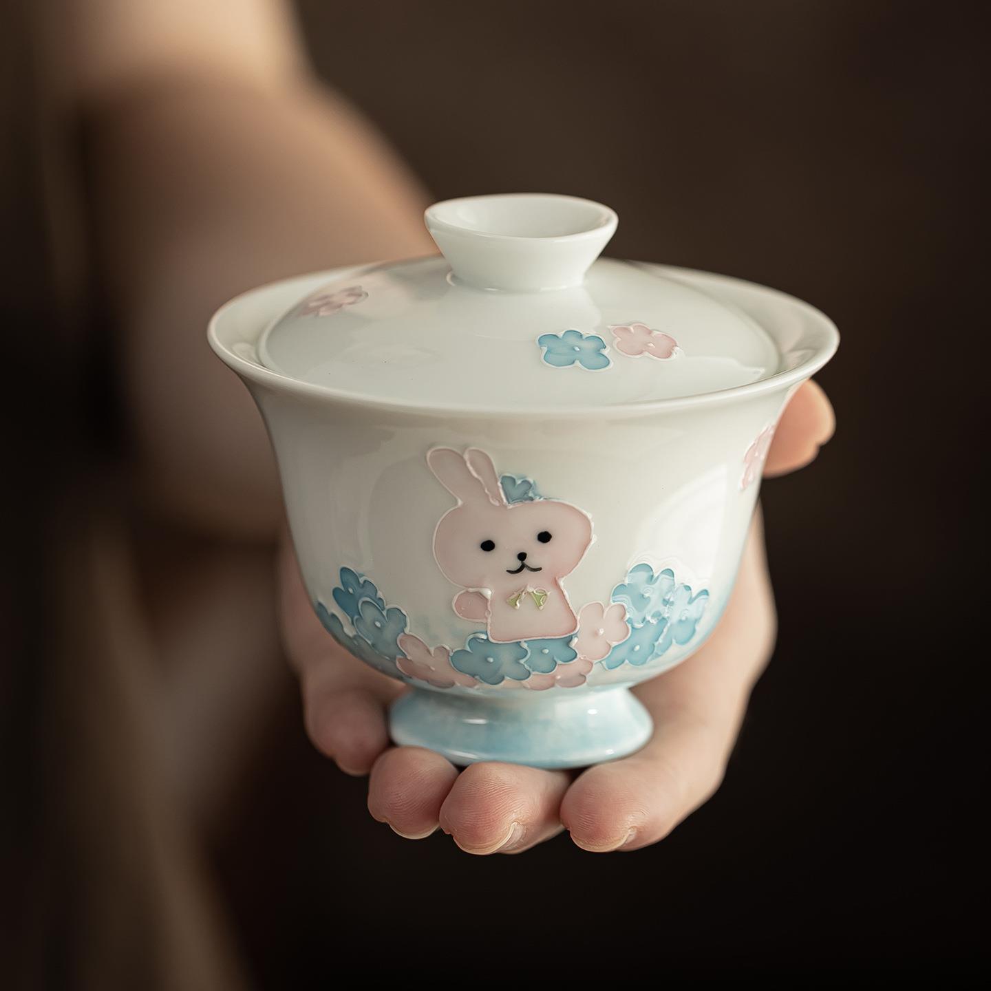 玉泥堆绘萌兔一碗两杯茶具套装家用便携户外露营泡茶陶瓷茶杯盖碗
