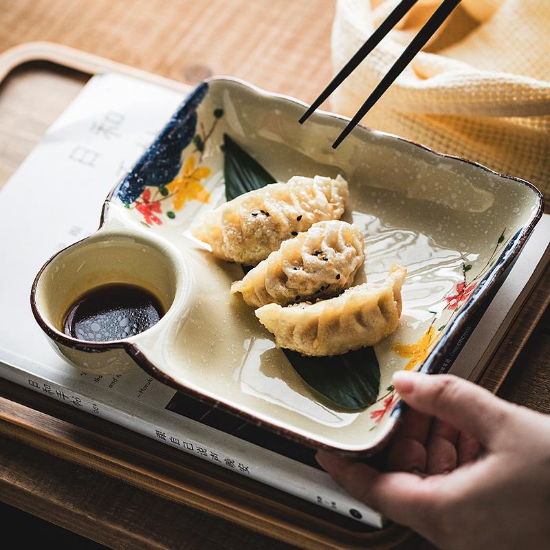 盘子饺子盘带醋碟家用陶瓷分格盘日式餐盘碗专用盘面碗餐具釉下彩