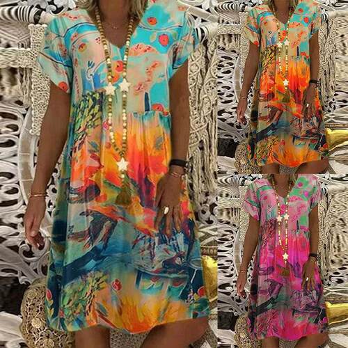 Printed women's collar short sleeved women's dress
