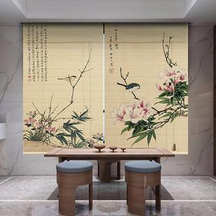 复古禅意阳台遮光手拉升降日式 竹帘印花窗帘卷帘门帘隔断中式 家用