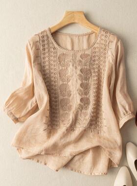 Mid sleeve top women's embroidered cotton and linen