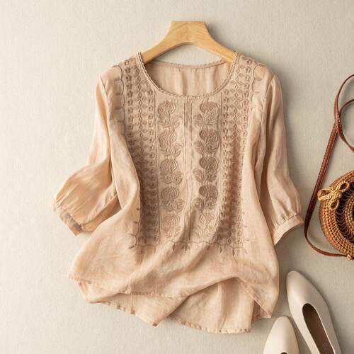 Mid sleeve top women's embroidered cotton and linen