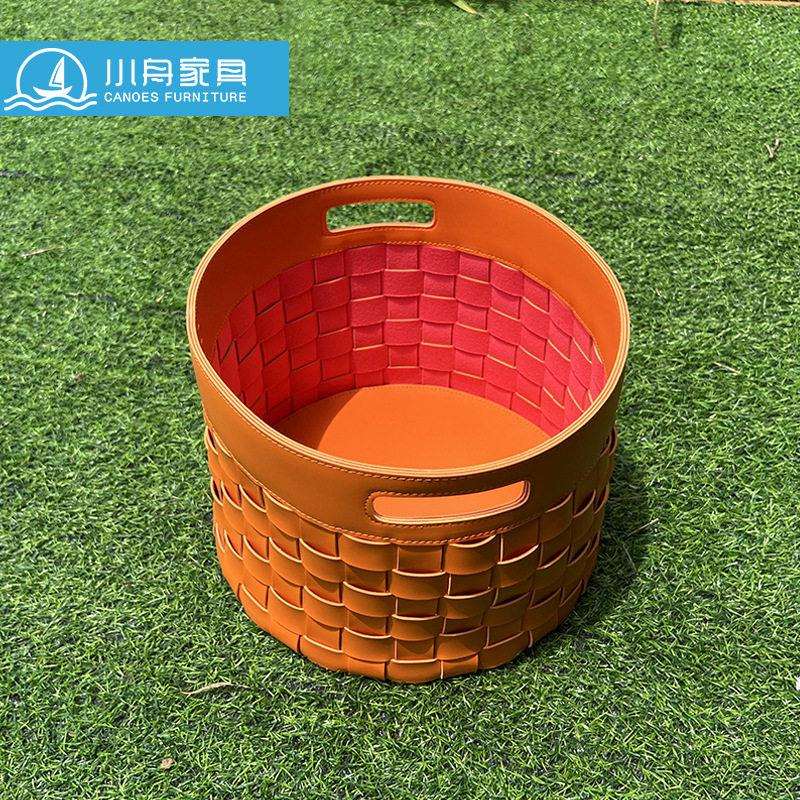 轻奢皮革手工编织收纳篮筐样板间客厅玄关置物筐道具装饰摆件饰品