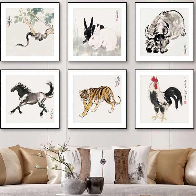 徐悲鸿中式客厅装饰画十二生肖挂画虎兔龙蛇马羊猴鸡狗猪动物挂画图片