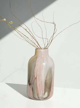感花瓶玻璃装晕染摆件复古插花拼中式新水墨渐变高级粉色器装饰软