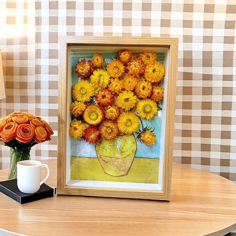 梵高创意干花相框成品diy七彩菊花束保存立体中空含干花摆件摆台