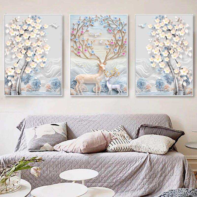 发财麋鹿十字绣2024新款线绣三联画客厅大幅简约现代欧式刺绣满绣