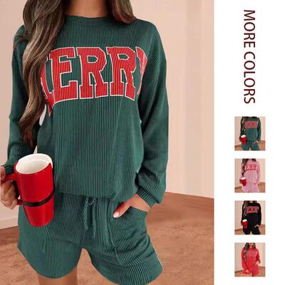 Womens MERRY Christmas Two Set Outfit Corduroy Corded Sleeve