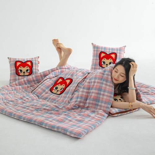 纯棉全棉卡通印载花水洗棉抱枕被二合垫一办公被室车靠25061758午