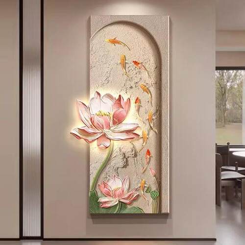 新中式玄关装饰画荷花九鱼图过道走廊尽头挂画茶室入户门墙壁画灯