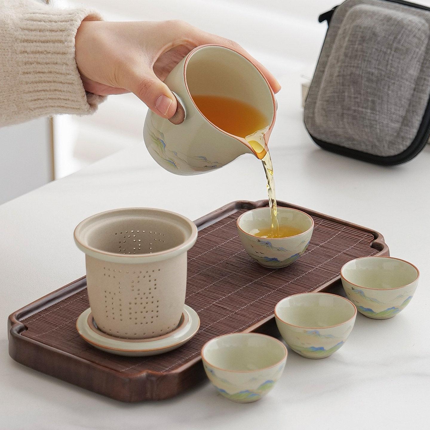 便携式汝窑旅行茶具套装陶瓷快客杯小套功夫随身户外旅游露营泡茶