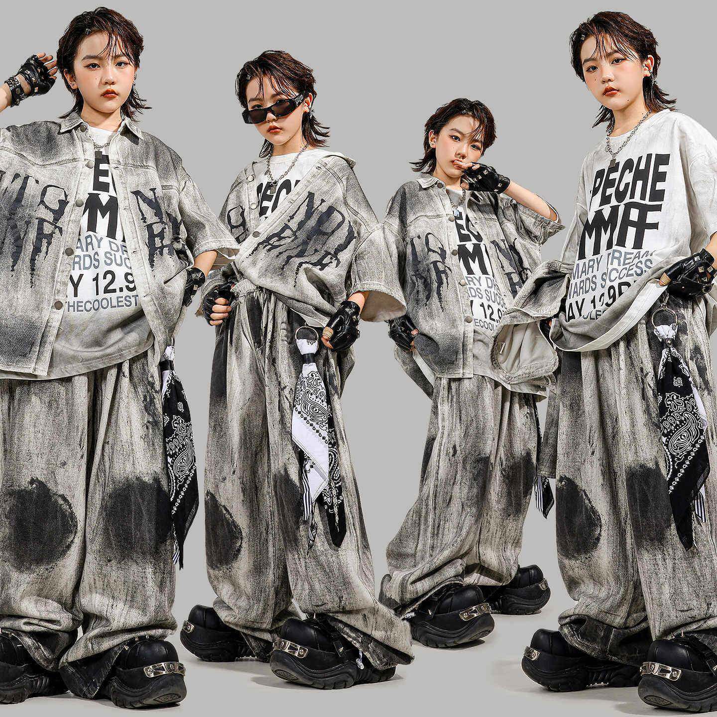 少儿街舞潮服男女童宽松涂鸦衬衫短袖演出服嘻哈风酷帅hiphop表演
