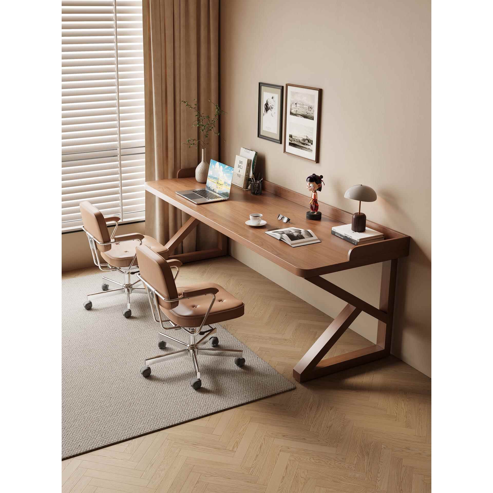 全实木双人书桌带围挡家用长条桌卧室写字桌中古风电脑桌办公桌