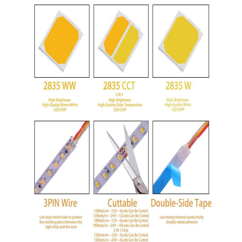 12v24v灯带led灯条2835低压自粘贴双色温三色变光5mm/8mm宽线形灯