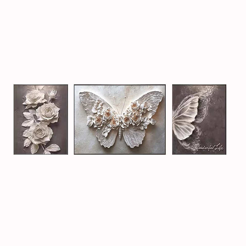 蝴蝶黑白艺术客厅装饰画三联画沙发背景墙侘寂风挂画高级立体壁画图片