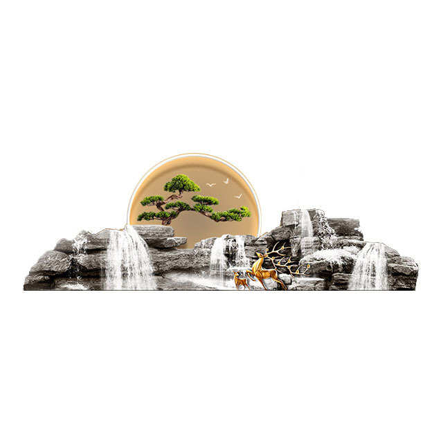 墙壁装饰画生财壁饰灯新客厅带画麋鹿迎客松流水沙发中式发光背景