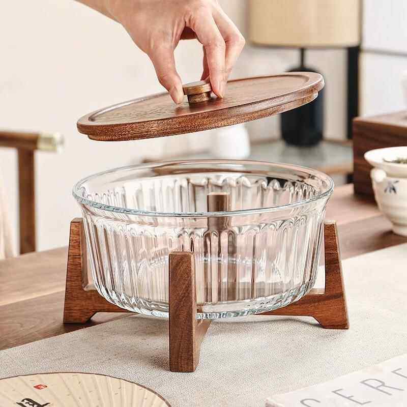 格DYM娜斯玻璃水果盘厅家用茶几零食盘带客盖果干公果盘办室糖盘