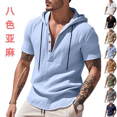 Men's linen hooded beach shirt short sleeved men's short