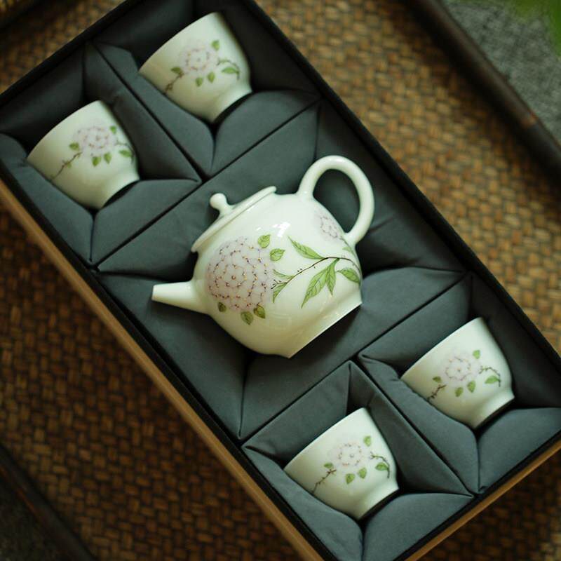 景德镇影青玉泥陶瓷手绘绣球花茶壶功夫茶具套装品茗茶杯盖碗薄胎