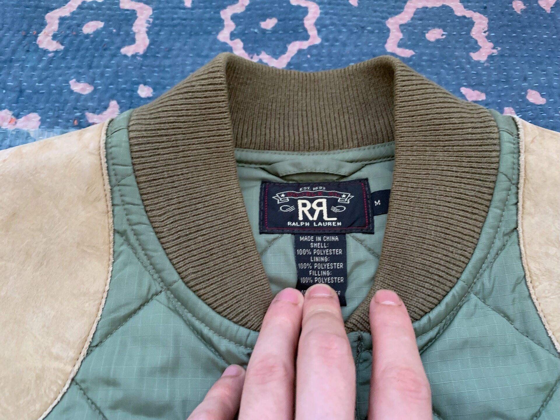 RRL Green Diamond-Quilted Leather Patch Vest — detail