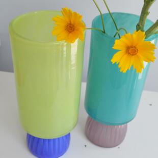 彩色风拼接高脚肌理桌面花瓶摆件中古多巴胺玻璃器色侘风拼寂插花