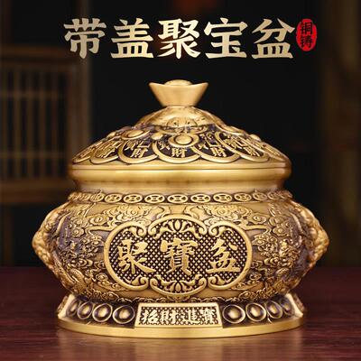 带盖子聚宝盆摆件纯黄铜存钱罐铜制沈万三有盖客厅办公室桌面装饰