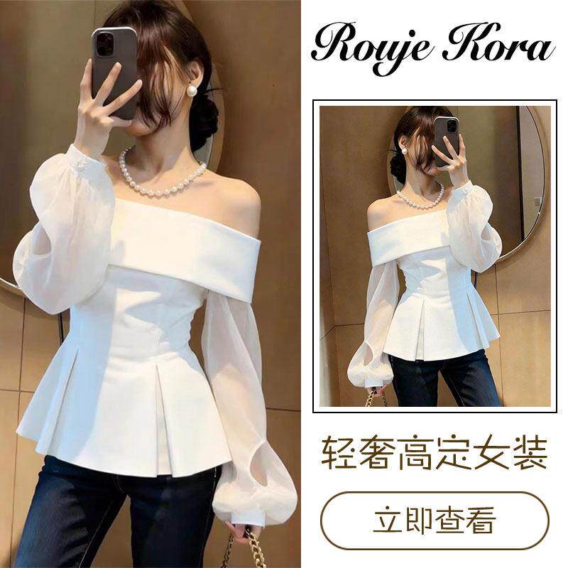 Rouje Kora法式小资网纱拼接上衣女春季修身型套头小衫一字领女装