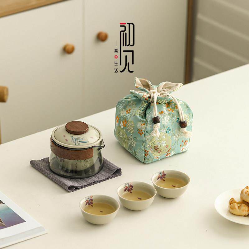 手绘紫藤花快客杯一人茶具玻璃可携式旅行茶具套组户外泡茶壶收纳