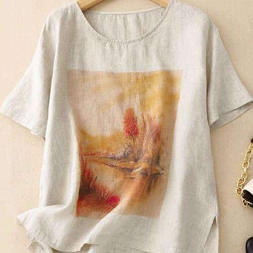 Cotton, linen, round neck short sleeved shirt, thin