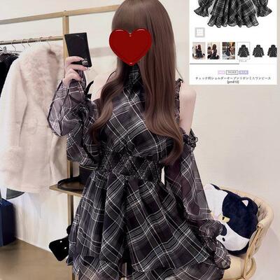 grl日单辣妹风2026夏季少女格子露肩蝴蝶结女收腰显瘦A字裙连衣裙