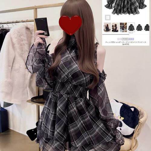 grl日单辣妹风2026夏季少女格子露肩蝴蝶结女收腰显瘦A字裙连衣裙