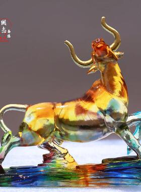 斗志昂扬古法琉璃牛摆件居家客厅书房前台桌面摆放装饰商务送礼