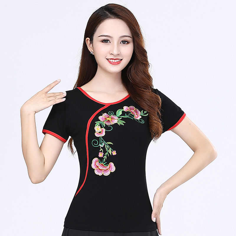 舞蹈上衣新款广场舞服装练功服中老年绣花莫代尔民族风跳舞衣服女