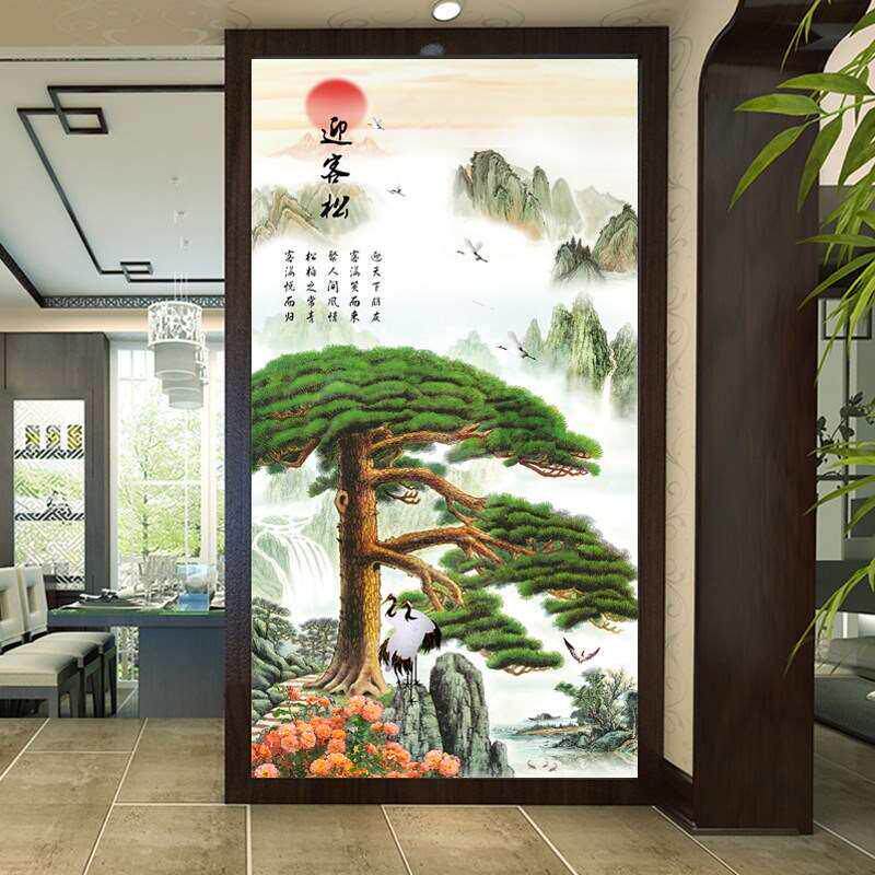 迎客松玄关壁纸自粘过道背景墙贴画流水生财3d立体复式影视墙壁布