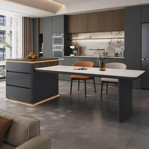 极简灰色岛台餐桌一体可伸缩岩板家用小户型2025新款多功能中岛台