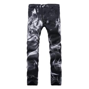 Printed Jeans Elastic Men Painted Pattern Youth Flower