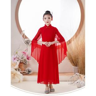 高档典女童中国风古儿古筝演出超仙红色气质连服衣裙舞蹈服钢琴童