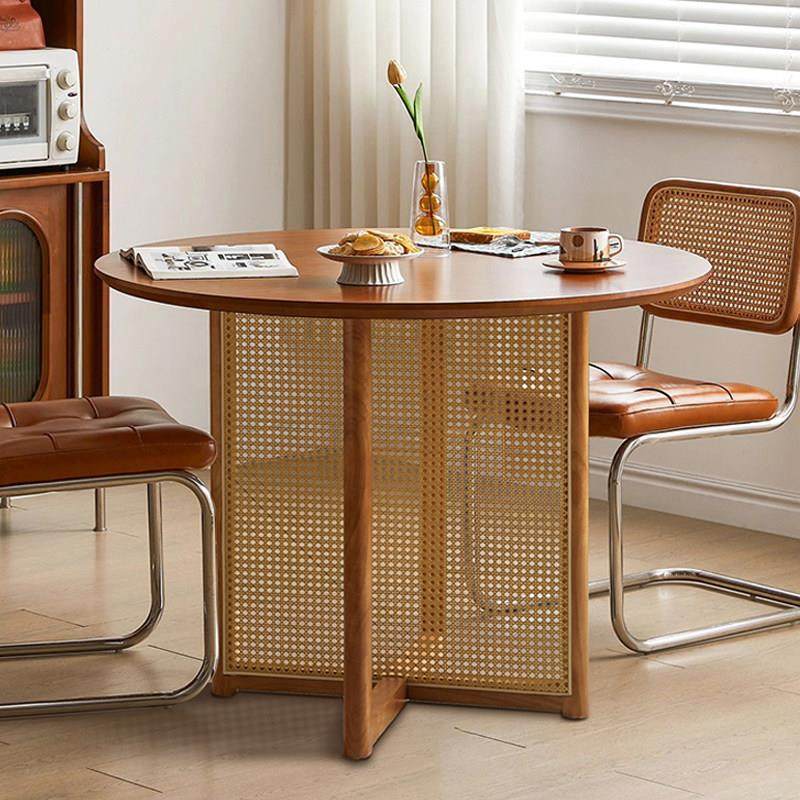 日式小户型圆形实木餐桌阳台中复古咖啡家用原木风藤编饭茶桌椅子,住宅家具,实木餐桌,淘宝优惠券,粉丝福利购,淘宝优惠卷