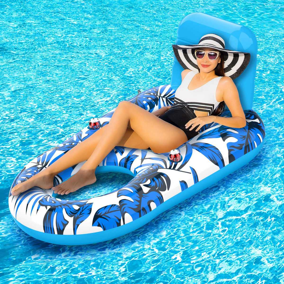 源头工厂充气浮排泳池大号浮舟日光浴晒黑成人漂浮躺椅带杯座架