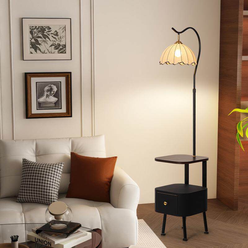 奶油风置物一体落地灯氛围感百褶客厅卧室床头柜灯温馨护眼书房灯