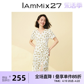 IAmMIX27夏季v领连衣裙女短袖高腰侧开衩显瘦碎花雪纺中长裙女薄