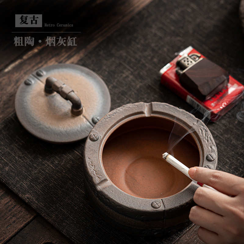 大号陶瓷烟灰缸带盖防飞灰复古创意家用客厅KTV酒吧粗陶烟盅烟缸