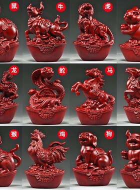 红花梨木雕十二生肖摆件一套实木鼠牛虎兔龙蛇马羊猴鸡狗猪工艺品