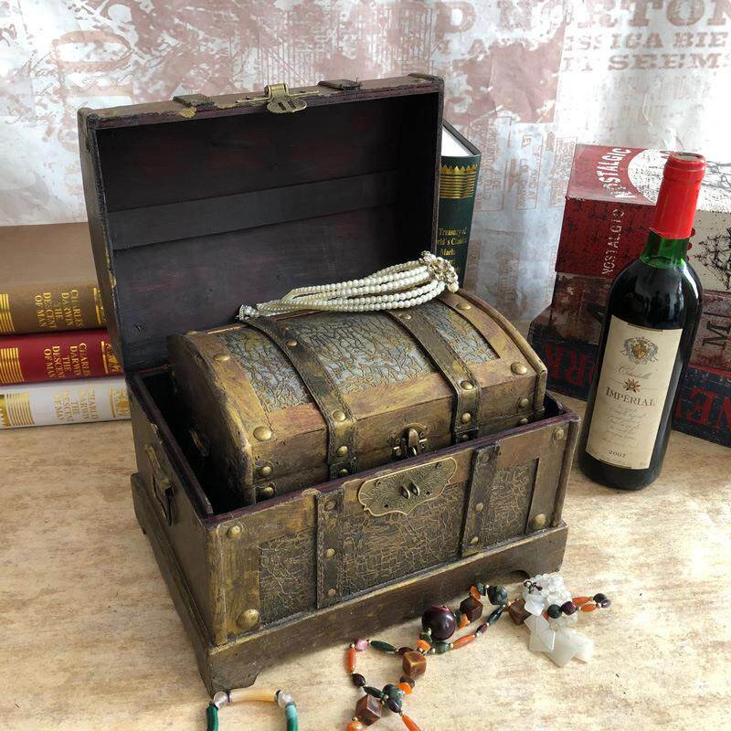 二件套仿古做旧金色藏宝箱海盗箱配锁木质古典复古收纳老式储物箱