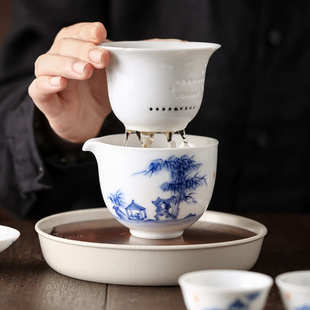 户外露营旅行套装 手绘竹林茶舍快客杯便携式 茶具随身外出泡茶茶杯