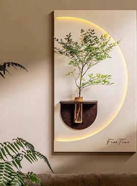 奶油风格客厅装饰画创意水培绿色植物光画砂岩入口挂画入口门壁画