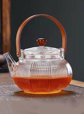 围炉煮茶壶玻璃竹把提梁壶蒸茶壶泡茶壶条纹宫灯耐热玻璃煮茶壶