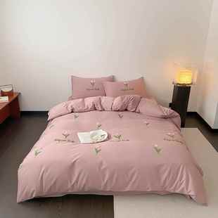 韩式 小清新40S全棉水洗棉郁金香毛巾绣床上用品四件套少女心被套