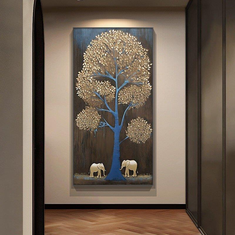 发财树玄关装饰画吉象如意走廊过道挂画轻奢高级感入户正对门壁画